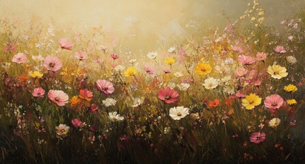 Wall Mural - impressionistic oil painting of a vibrant wildflower meadow at sunrise.