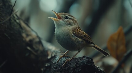 Poster - A small bird perched on a branch, singing in a natural setting.