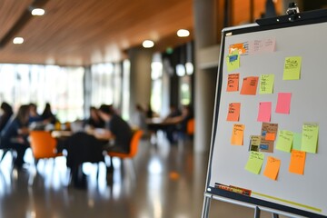 Poster - Whiteboard with sticky notes in a modern office; blurred background of people in meeting.