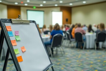Poster - Whiteboard with sticky notes in a conference room with attendees.