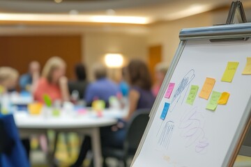 Poster - Business meeting with whiteboard and sticky notes.
