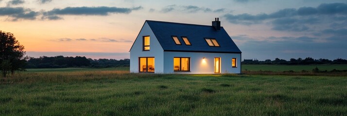Poster - Modern house in a field at sunset.