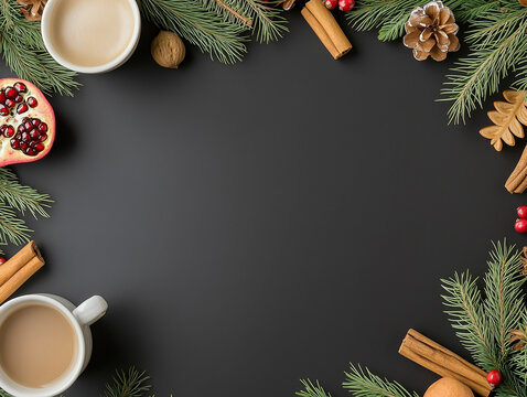 wreath garland on dark blackboard background with natual christmas elements,branches,pomegranate,cinnamon,coffee cup.Xmas winter holiday season social media card