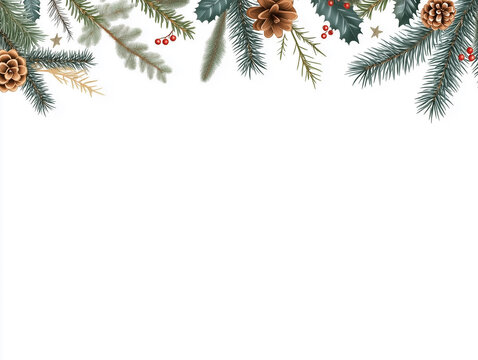 Xmas nature design border, text Merry Christmas, white background. Green pine, fir twigs, cones, red berries. Vector illustration. Greeting banner template. Winter holidays forest