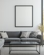 © Naseem - Contemporary lounge featuring a grey sofa, black poster frame, and a coffee table.
