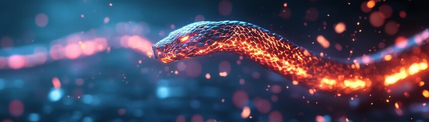 Poster - Dynamic glowing snake animation digital realm 3d art sci-fi environment close-up view visual conceptualization