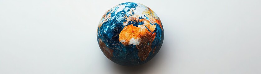 Poster - A 3D rendering of a global sphere with digital networks and continents connected, symbolizing technology and communications, isolated on a white background