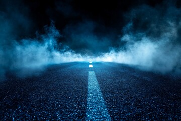 Poster - Dark road at night with fog and a single white line.
