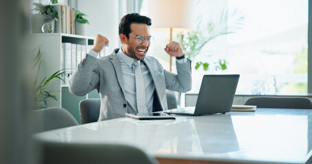 Poster - Office, happy man and success with celebration, laptop and business and investment banking firm. Male person, victory and technology in communication for financial review, audit or career opportunity