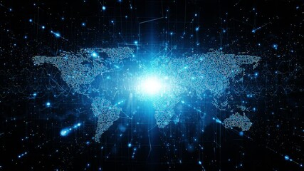 Poster - Glow shiny futuristic cyberspace with digital world map loop background.