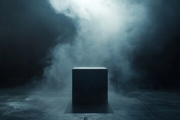 Poster - Dark, smoky room with a single, black cube on a concrete floor.