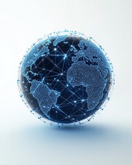 Poster - A futuristic global sphere with continents linked by digital networks, symbolizing technology and communications, set against a clean white background