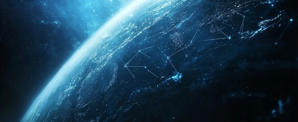 Poster - Global network connection visualization, earth from space, glowing lines.