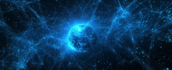 Wall Mural - glowing blue planet surrounded by energy in space.