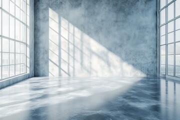 Poster - Sunlit empty industrial room with large windows and polished concrete floor.