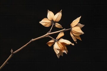 Poster - A branch with dried, textured flowers against a dark background.