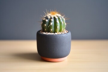 Poster - A cactus in a modern pot on a wooden surface.