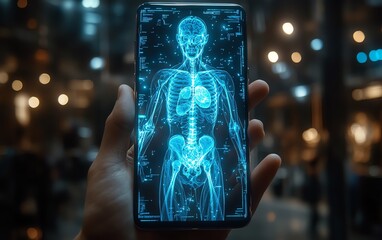 Poster - Closeup of a hand with a smartphone displaying a human anatomy hologram, futuristic technology, glowing blue neon lights, modern setting