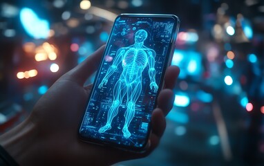 Poster - Closeup of a hand with a smartphone displaying a human anatomy hologram, futuristic technology, glowing blue neon lights, modern setting