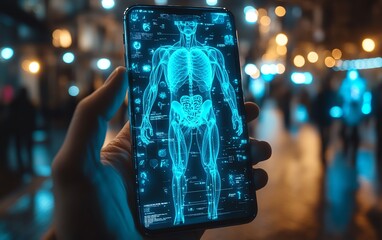 Poster - Closeup of a hand with a smartphone displaying a human anatomy hologram, futuristic technology, glowing blue neon lights, modern setting