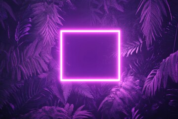 Canvas Print - Glowing purple neon square frame in tropical leaves.