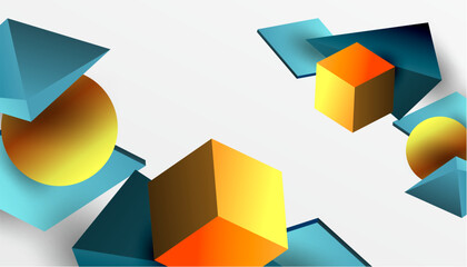 Aufkleber - Abstract design showcasing isometric cubes, pyramids, squares, and spheres in a vibrant 3D layout. Modern and dynamic, perfect for tech, design, or futuristic themes