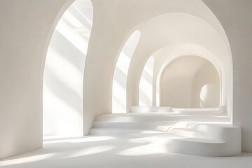 Poster - Sunlit minimalist white arched hallway with platforms.
