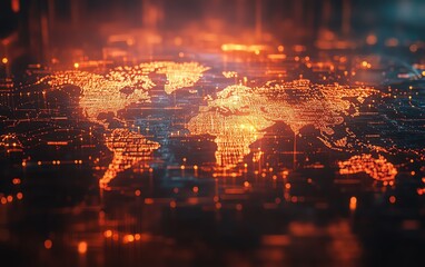 Poster - Futuristic world map with glowing data streams, warm light effects, representing global connectivity and technology advancements