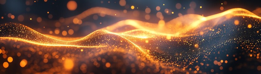 Poster - Illuminated digital world map with flowing data streams and a warm glow, showcasing global connectivity and technological progress, sleek interface