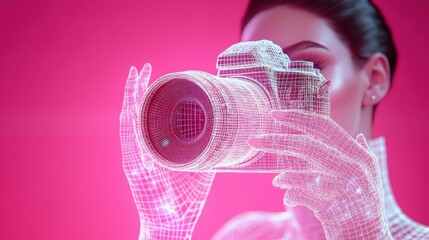 Poster - Digital Vision: A woman's face and hands are transformed into a mesmerizing wireframe image as she holds a camera, symbolizing the digital age and the power of photography in the modern world.  