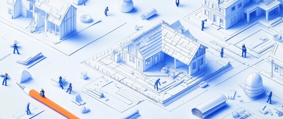 Poster - Isometric blueprint of a house under construction with miniature figures.