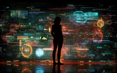 Poster - A person s silhouette standing in a digital environment filled with holographic screens and flowing data, illustrating technological advancements and innovation