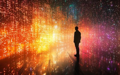 Poster - A person s silhouette standing in a digital environment filled with holographic screens and flowing data, illustrating technological advancements and innovation