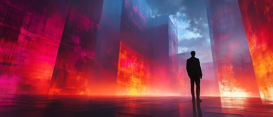 Poster - A silhouette in a digital landscape with holographic data and interactive displays, representing the next generation of technology and digital innovation