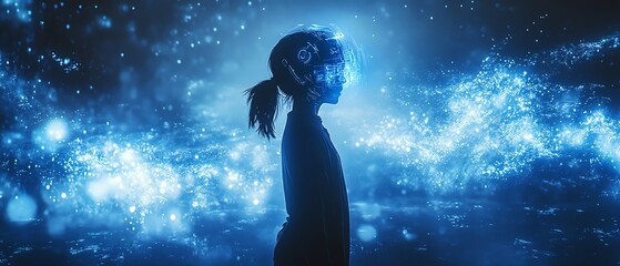 Poster - A silhouette in a digital landscape with holographic data and interactive displays, representing the next generation of technology and digital innovation