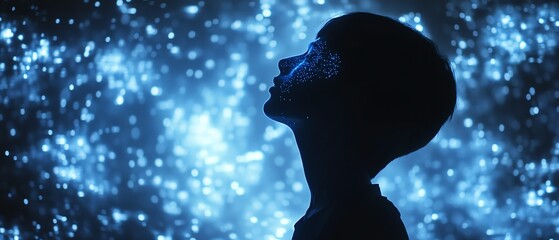 Poster - A silhouette in a digital landscape with holographic data and interactive displays, representing the next generation of technology and digital innovation