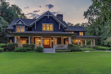 Poster - Large blue house with wrap-around porch at dusk.