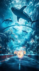 Poster - A vast underwater tunnel showcases sharks swimming gracefully above colorful fish, illuminated by golden light at the far end, creating a breathtaking marine experience