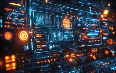 Aufkleber - Digital control panel with advanced icons, displaying modern technology in a futuristic industrial environment, hightech interface