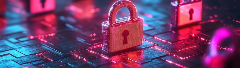 Poster - Digital image of glowing locks and secure data flow, representing cybersecurity, technology, and the importance of online safety
