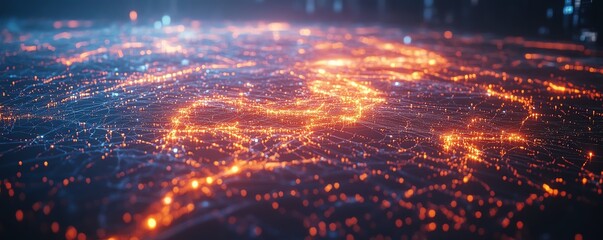 Poster - Digital world map with glowing connections and vibrant data streams, symbolizing technological advancement and global progress