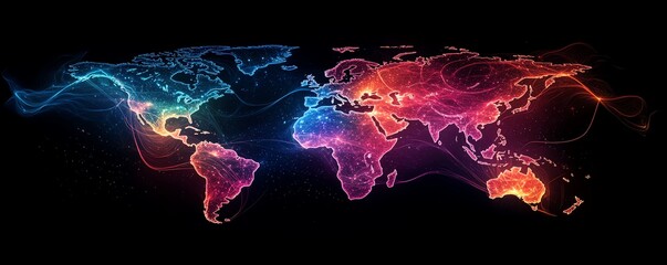 Poster - Digital world map with glowing connections and vibrant data streams, symbolizing technological advancement and global progress