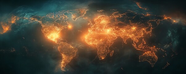 Poster - Digital world map with glowing connections and vibrant data streams, symbolizing technological advancement and global progress