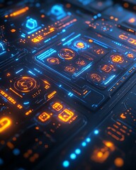 Poster - Futuristic digital control panel with glowing icons, showcasing cuttingedge technology in an industrial environment, sleek design
