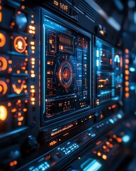 Poster - Futuristic digital control panel with glowing icons, showcasing cuttingedge technology in an industrial environment, sleek design