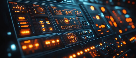 Poster - Futuristic industrial digital control panel with illuminated icons, showcasing modern technology and hightech interface design