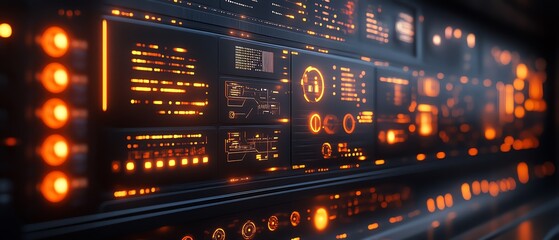 Poster - Futuristic industrial digital control panel with illuminated icons, showcasing modern technology and hightech interface design