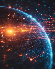 Poster - Glowing digital globe with vibrant data streams and connections, symbolizing technological advancement and global networking