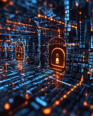 Poster - Glowing locks and flowing data in a digital scene, illustrating cybersecurity, technology, and safety themes, secure online environment