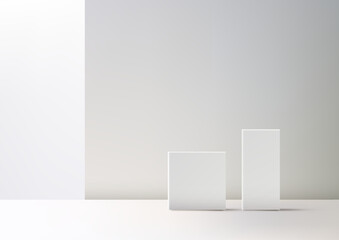 Poster - Minimalist 3D White Abstract Scene with Geometric Boxes and Clean Background for Product Display Mockup and Branding Showcase
